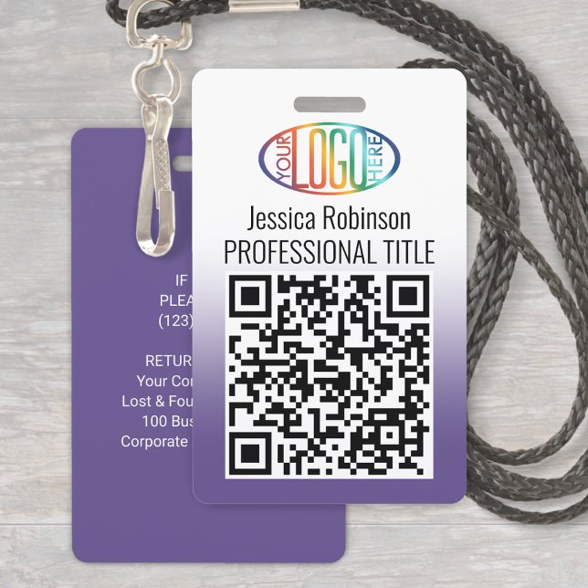 Badge Votre logo, code QR, nom et titre Dégradé violet (Créateur téléchargé)