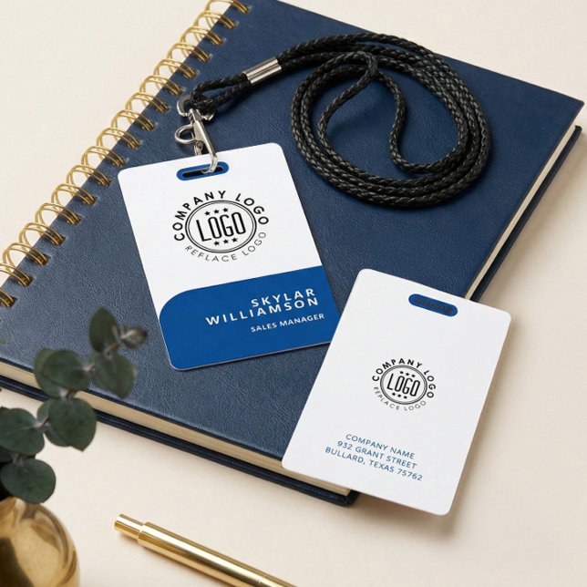 Badge Votre logo ici Identité bleue et blanche minimale (Personalized Business Logo Employee Name Staff Tag Badge)