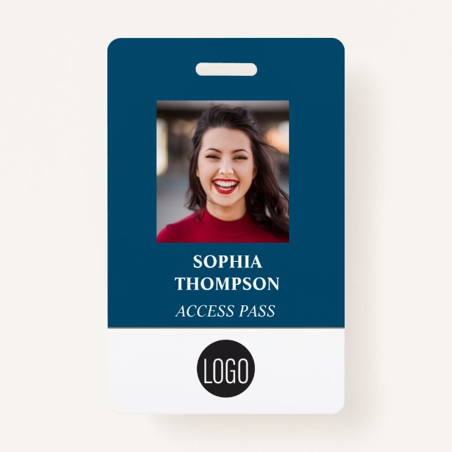 Badge Votre logo Nom de l'employé Code barre photo bleu (Devant)
