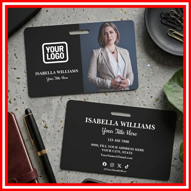 Badge Your Logo Here Modern Black Photo Staff Name (Créateur téléchargé)