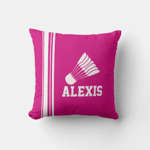 Badminton sport rayé blanc rose nom coussin