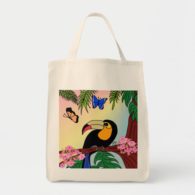 Bag Bolsa Tote Um tucano tropical e borboletas (Devant)