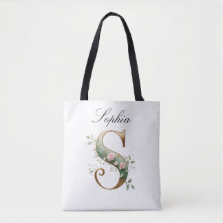 Bag Custom Gold Floral Letter S All-Over Print Tote