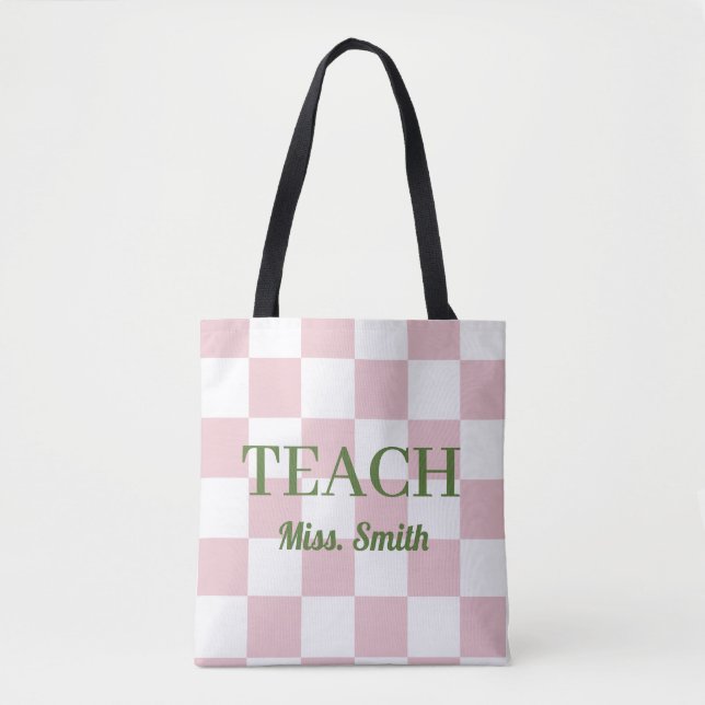 Bag Customizable Name Teach Tote Cute Pink Checkered (Devant)