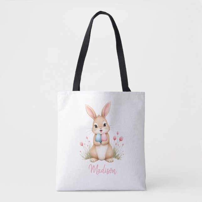 Bag Cute bunny, custom name Easter egg hunt tote bag. (Devant)