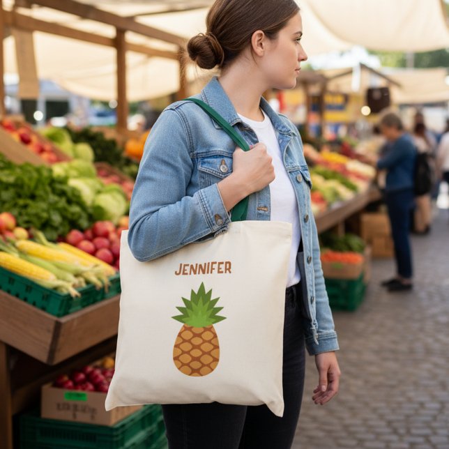 Bag Cute Cartoon Pineapple Tote with Name (Personalized pineapple reusable grocery bag.)
