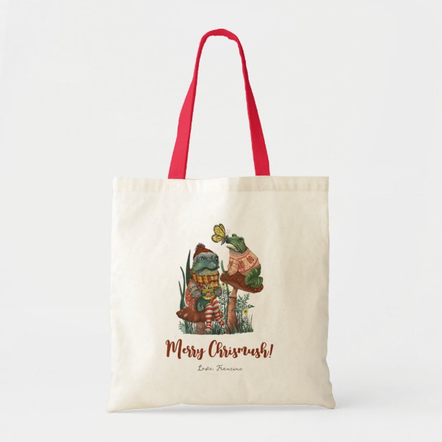 Bag Cute Frog and Toad Merry Mushroom Christmas  Tote  (Devant)