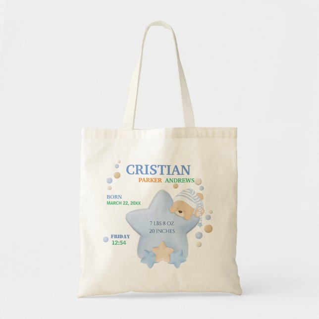Bag Cute Sleeping Teddy Bear Baby Boy Birth Stats Tote (Devant)