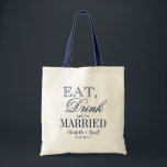 Bag Eat drink and be married wedding tote bags | Navy<br><div class="desc">Eat drink and be married wedding party tote bags. Nautical colors. Custom navy blue and white reusable canvas totebags. Personalized name or monogram of bride and groom plus date. Customizable color background. Elegant logo design with chic typography. Cute vintage gift idea for bride and brides entourage. Make your own for...</div>