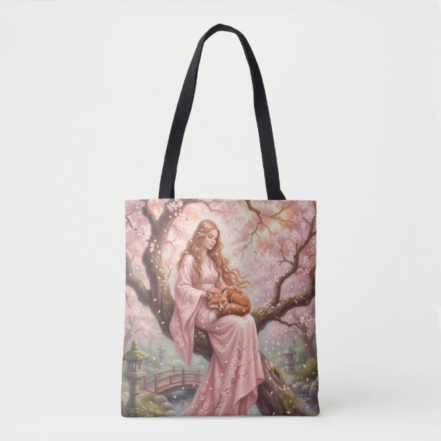Bag Enchanting Fox & Lady Under Cherry Blossoms Tote B (Devant)
