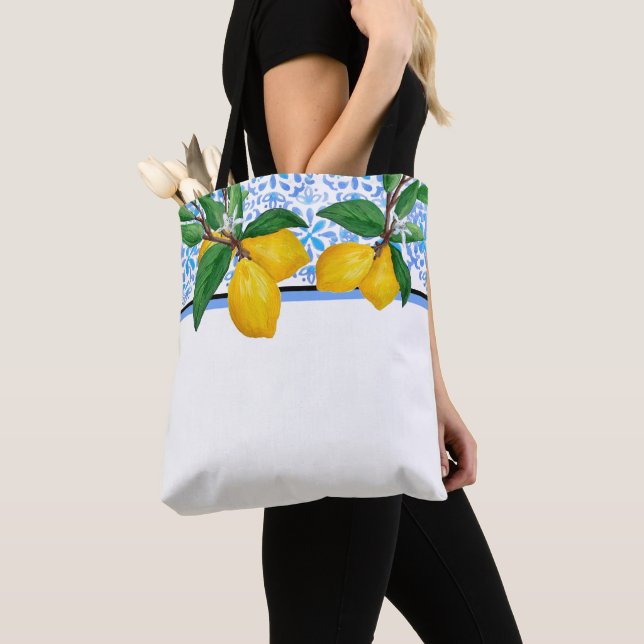 Bag Lemon Leaf Watercolor Tote | Blue Amalfi Citrus (De près)