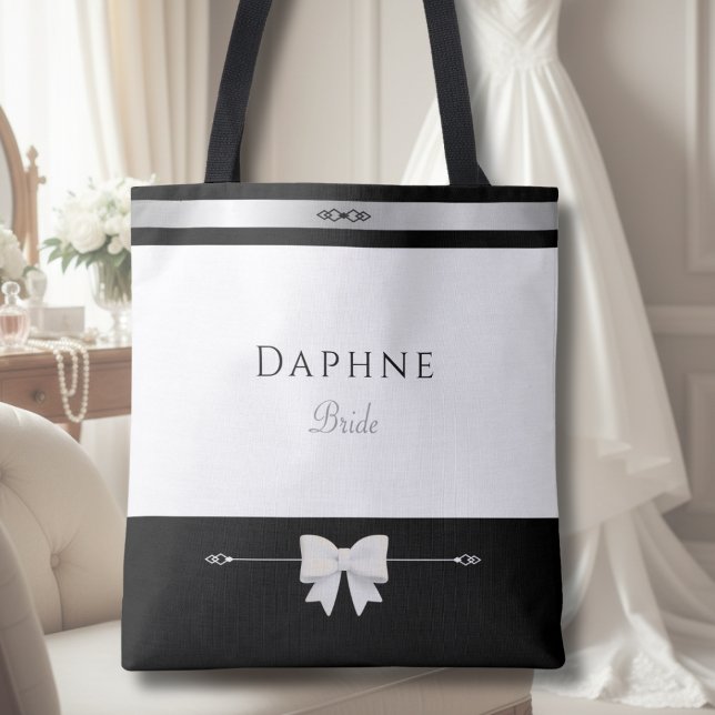 Bag Minimalist Bride Gift | Elegant Typography Tote (Luxury minimalist Bride tote bag with elegant typography in a sophisticated wedding morning setting.)