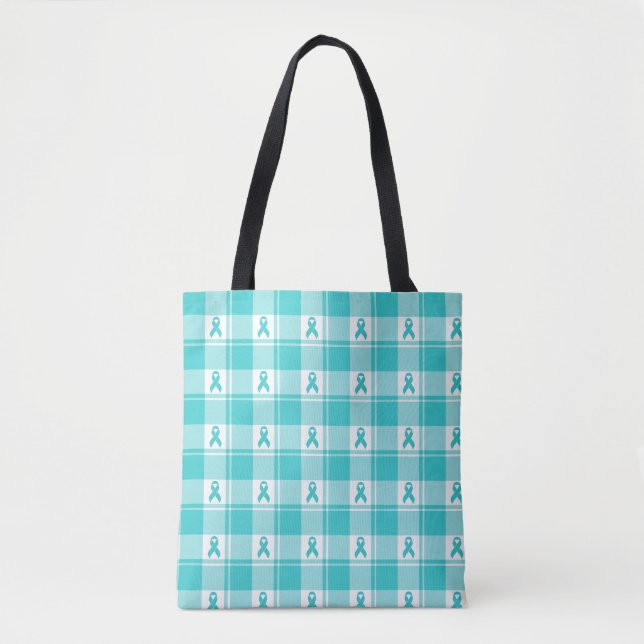 Bag Ovarian Cancer Awareness Plaid Tote Bag, Teal (Devant)