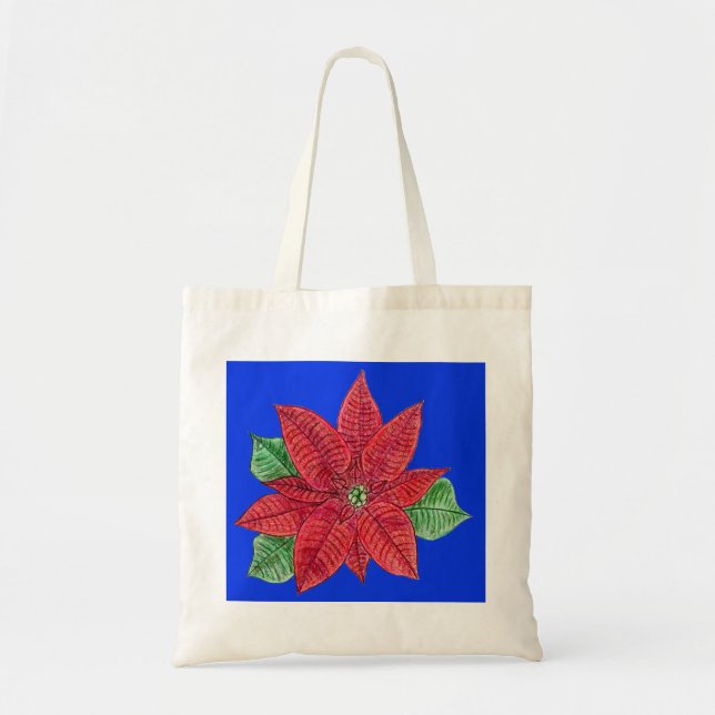Bag Poinsettia Tote Bag, Blue Background (Devant)