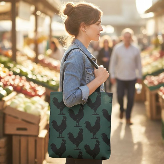 Bag Rooster Tote Bag, Green and Black Chicken Design  (Créateur téléchargé)