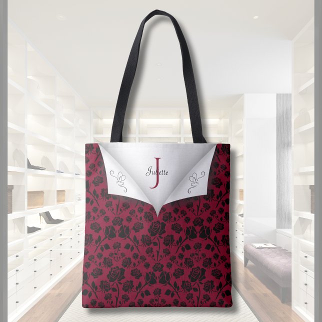 Bag Sophisticated Burgundy and Black Rose Tote  (Sophisticated Burgundy and Black Rose Tote Bag)