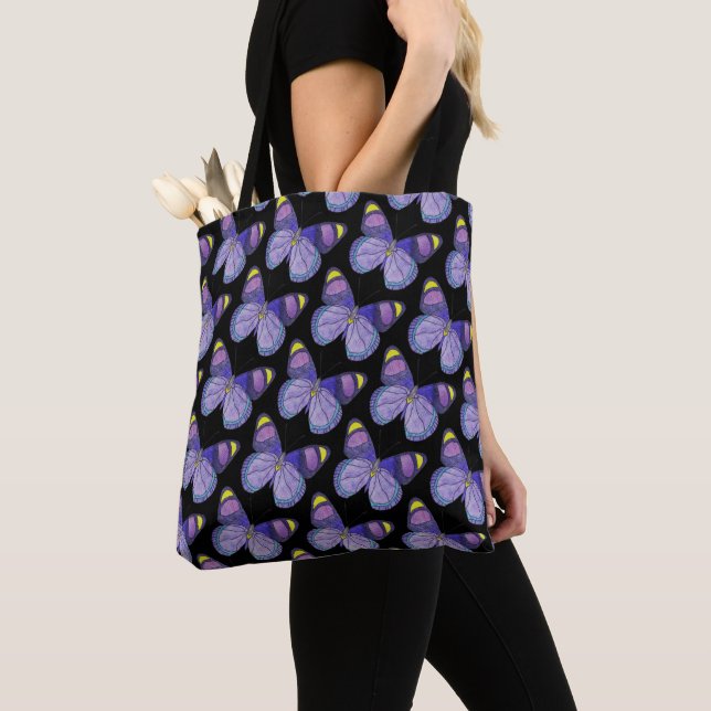 Bag Tote Partout - Papillon Violet (motif noir) (De près)