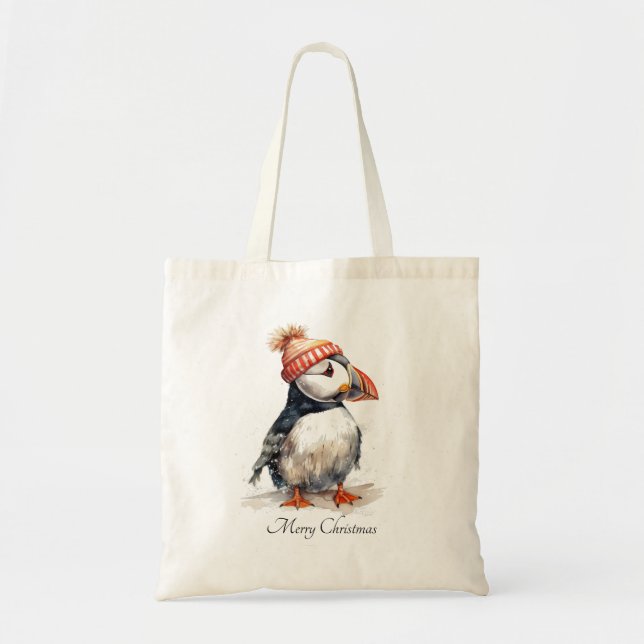 Bag Tote Puffin Noël de style côtier à l'aquarelle (Devant)
