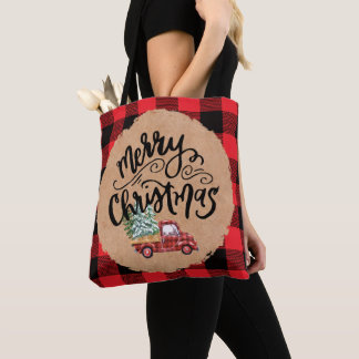 Bag Vintage Truck Script Christmas Buffalo Plaid Tote
