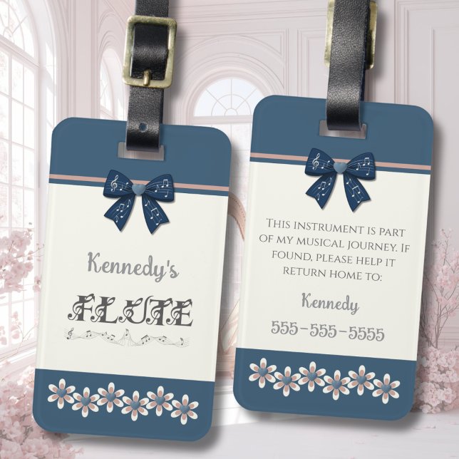 Bagage Étiquette de housse de flûte à bec en bleu indigo  (Unique indigo blue bow flute case tag with preppy floral design and contact info reverse side.)