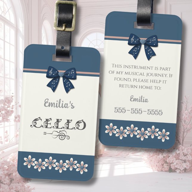 Bagage Étiquette de housse d'instrument violoncelle à nœu (Sweet navy floral cello case tag with boutique bow design and custom contact info on the back.)