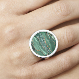 Bague Agate Green Gold Emerald Custom Name Ring Cadeau
