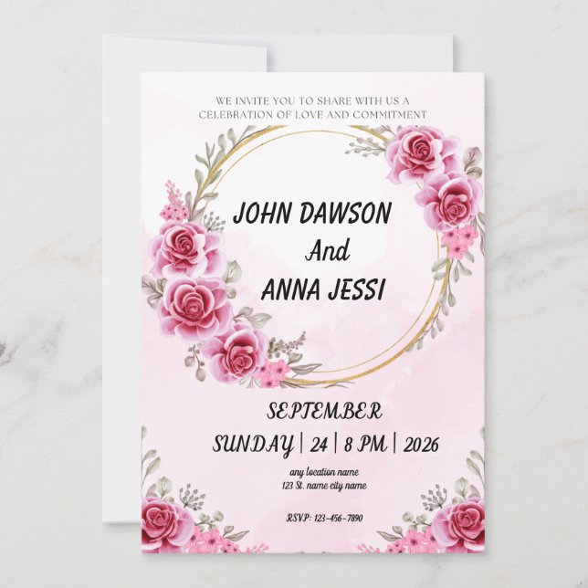 Bague or rose rose rose des invitations de mariage (Devant)