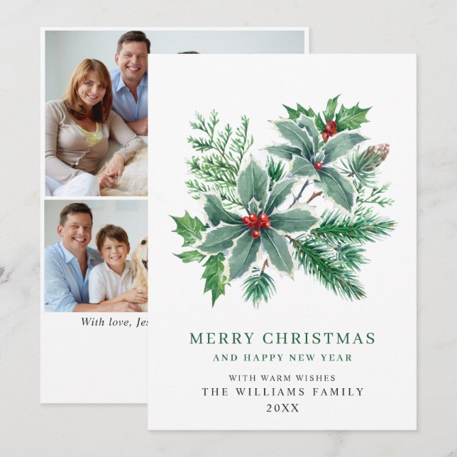 Baie festive de houx 3 PHOTO Carte de vœux de Noël (Devant / Derrière)