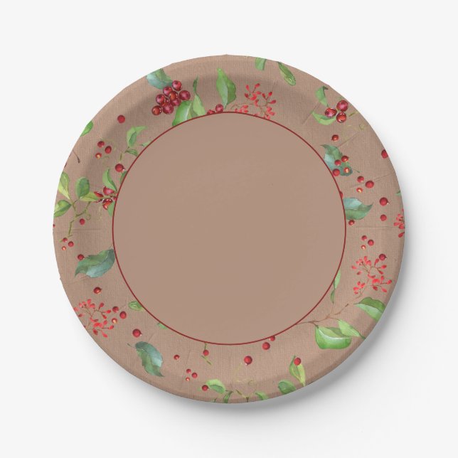 Baies de Noël et feuillage sur assiette en papier  (Devant)