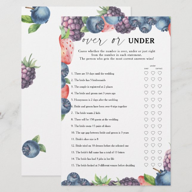 Baies - Jeu de baby shower de mariage au-dessus ou (Devant / Derrière)