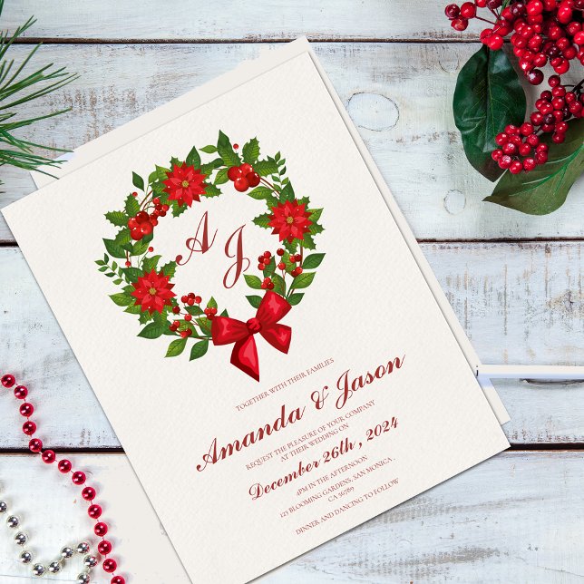 Baies rouges et vertes et mariage de Noël au poins (Red Green Berries and Poinsettia Christmas wedding Invitation)