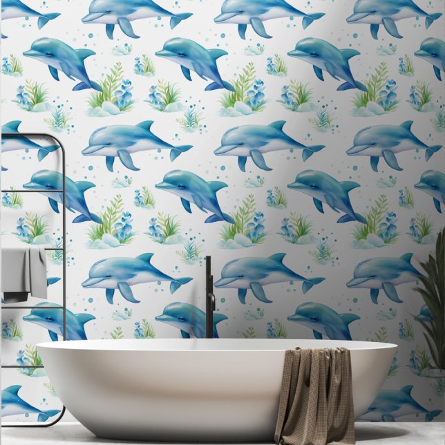 Baignade dauphins bleu vert sur blanc Papier peint (Créateur téléchargé)