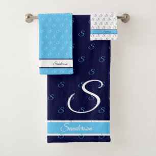 Bain de Monogramme bleu et blanc de marine moderne