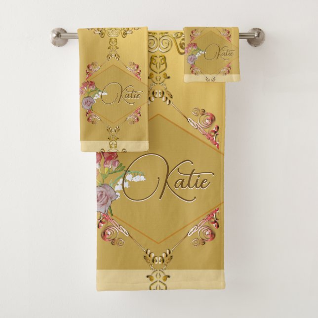 Bain Floral d'or avec nom Ensemble de serviettes (En situation)