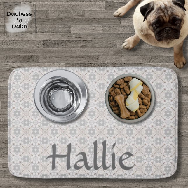 Bain Tapis de nourriture pour animaux de compagnie pers (Dog Food Bowl - Gray Spanish Tile Personalized)