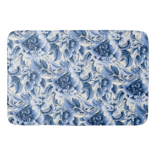 Bain Toile française & toile de Jouy. Bleu. Tapis de ba