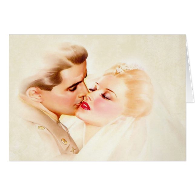 Baiser vintage, soldat et jeune mariée de mariage (Devant horizontal)