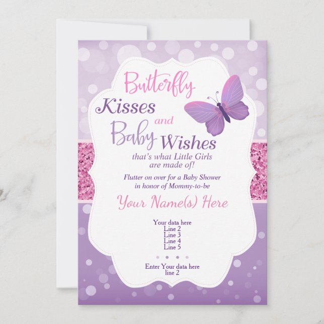 Baisers à papillon Baby shower Invitation violet (Devant)