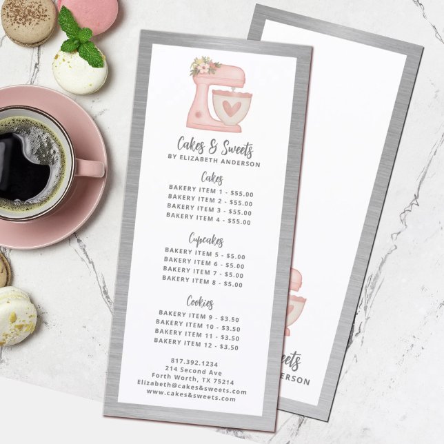Bakery Pastry Chef Dessert Menu Price List (A cute pink mixer bakery pricing list card. Personalize it with your bakery info.)