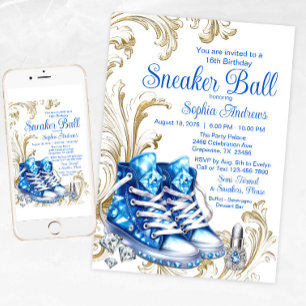 Bal Basket Bleu Or Anniversaire Fête Invitation