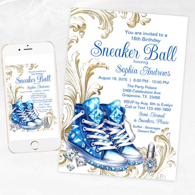 Bal Basket Bleu Or Anniversaire Fête Invitation (Girl Blue Gold Sneaker Ball Invitation with diamond sneakers.)