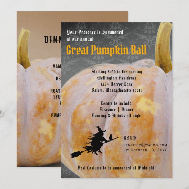 Bal Citrouille Halloween + Menu Invitation Sorcièr (Devant / Derrière)