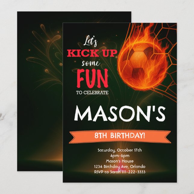 Bal de soccer flamboyant Invitation d'anniversaire (Devant / Derrière)
