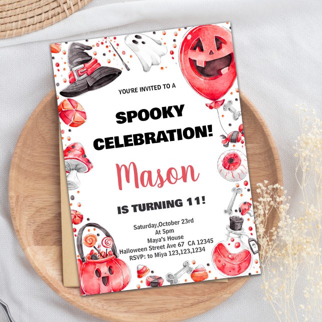 Bal rouge Halloween Invitations d'anniversaire (Red Ballon Halloween Birthday Invitations)