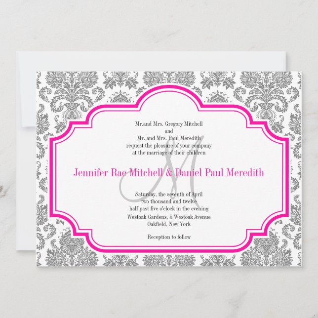 Balck Damask Hot Rose White Wedding Invitations (Devant)