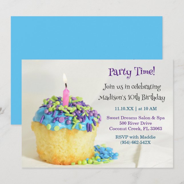 Balcon blanc bleu cupcake Anniversaire Invitation (Devant / Derrière)