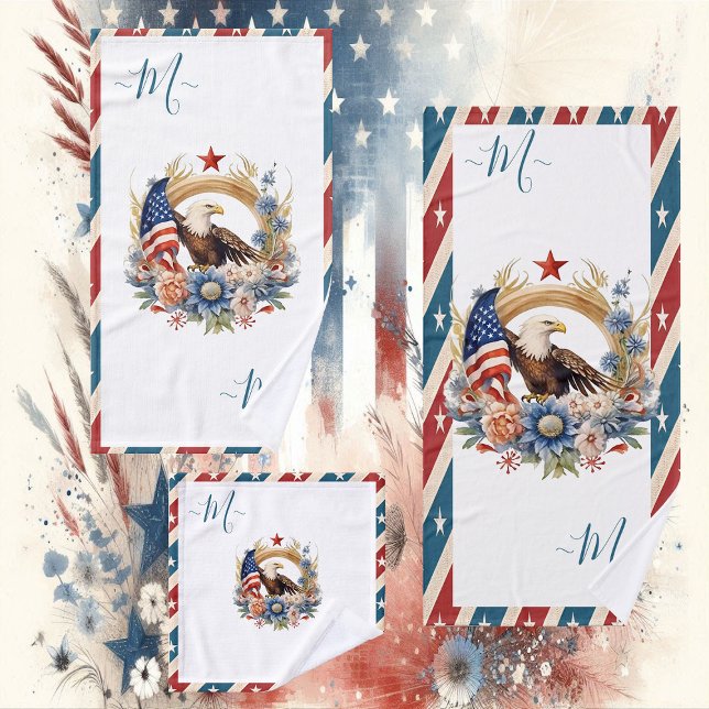 Bald Eagle American Flag Star et Stripes Monogramm (Bald Eagle American Flag Star and Stripes Monogram Bath Towel Set)