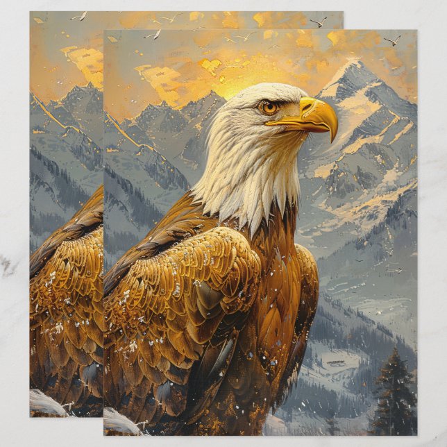 Bald Eagle Watercolor Mountains Scrapbook Papier (Devant / Derrière)