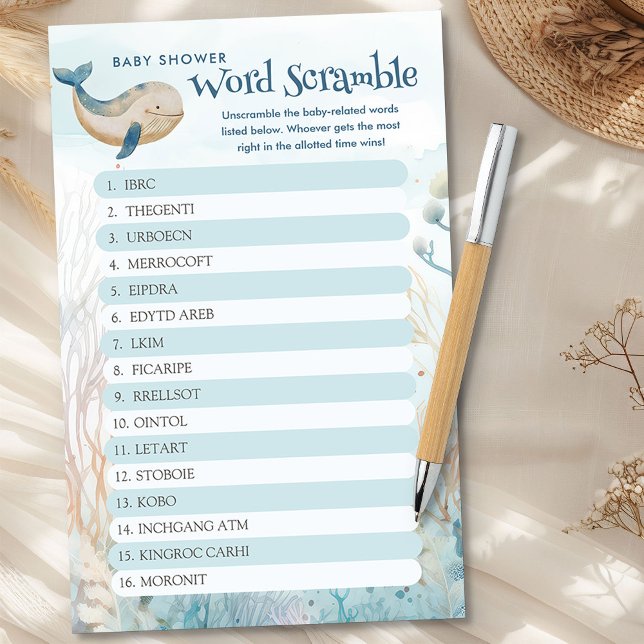 Baleine Baby shower Word Scramble jeu (Baby Word Scramble Game  from the Whale Baby Shower Collection by Darling & May)