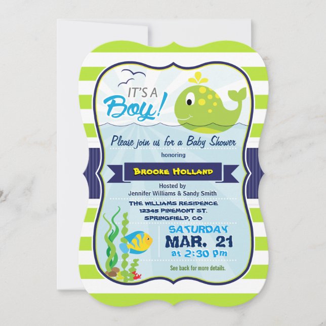 Baleine Bébée verte, Baby shower garçon Invitation (Devant)
